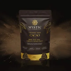 Ontwerp service: Luxe zwart-gouden verpakking voor Mystic Cacao, met ceremonieel cacaopasta, 500g.