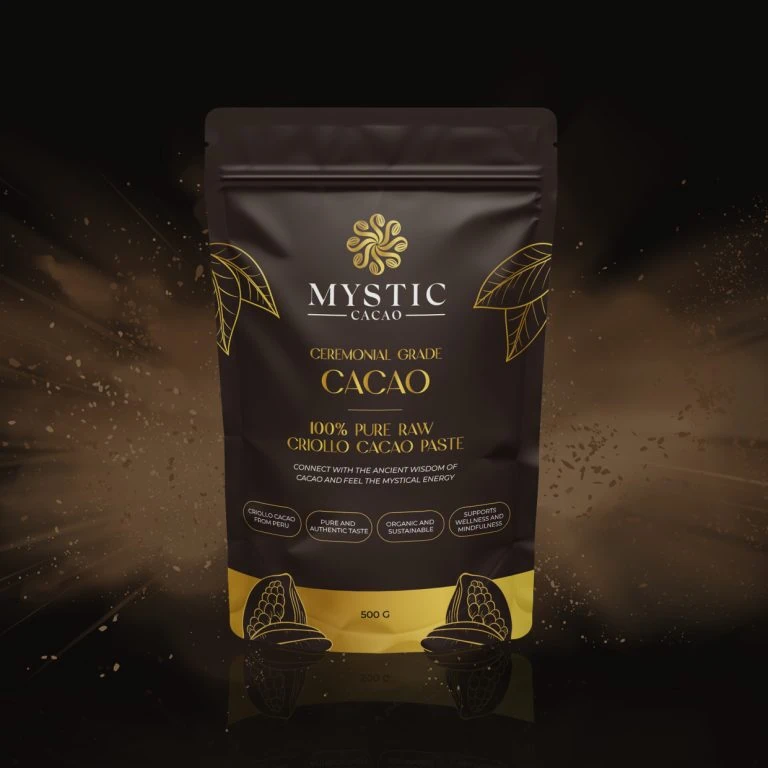 Ontwerp service: Luxe zwart-gouden verpakking voor Mystic Cacao, met ceremonieel cacaopasta, 500g.