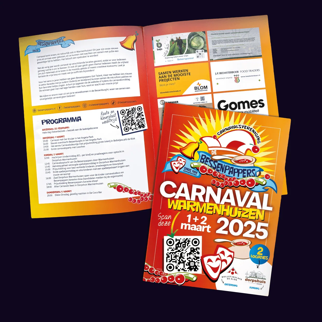 Ontdek ons kleurrijke drukwerk voor het Carnaval Warmenhuizen 2025 programma, inclusief QR-codes voor meer interactie.