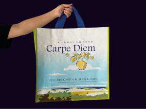 Foto van de shopper die door een hand in de lucht gehouden wordt. Het logo van Carpe Diem is op de tas vormgegeven