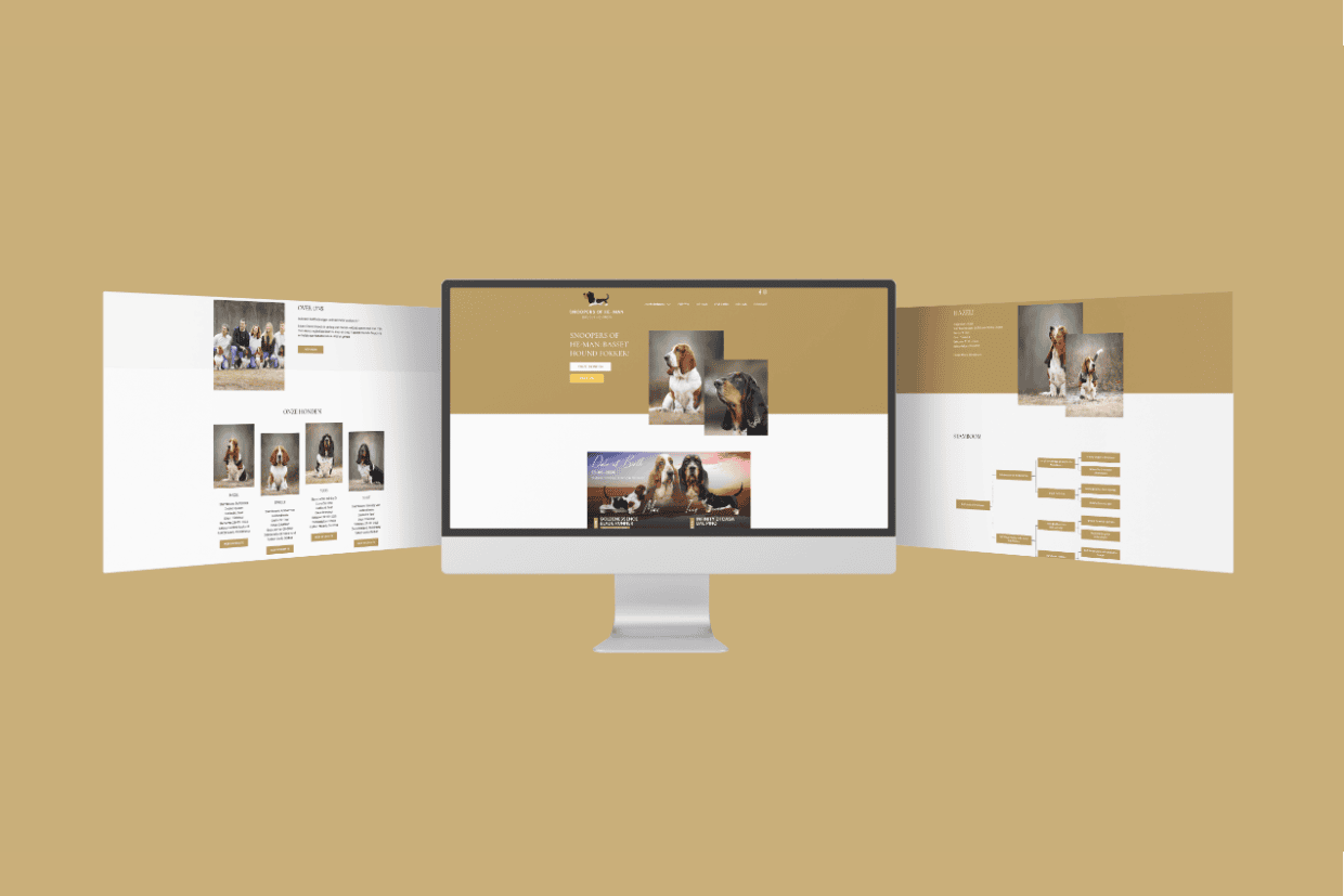 Mock up met drie schermen van de website