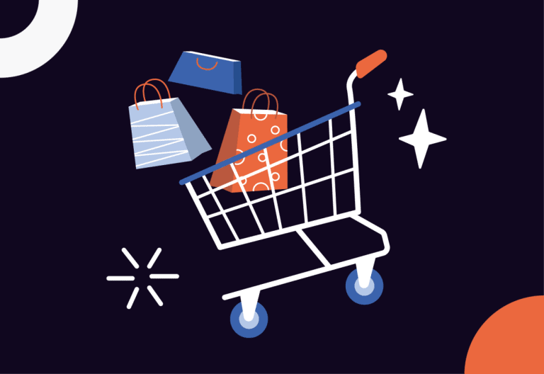 Illustratie van winkelwagentje met uitvliegende tasjes. Afbeelding hoort bij Black Friday en Cyber Monday post