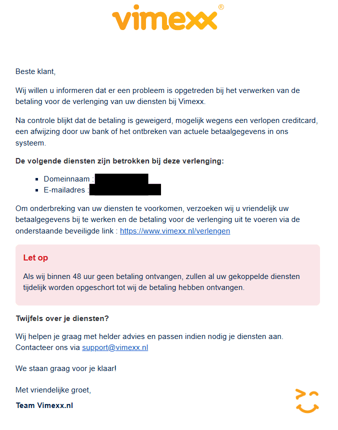 Studioviv biedt betrouwbare domein- en e-maildiensten met duidelijke communicatie over betalingen en ondersteuning.